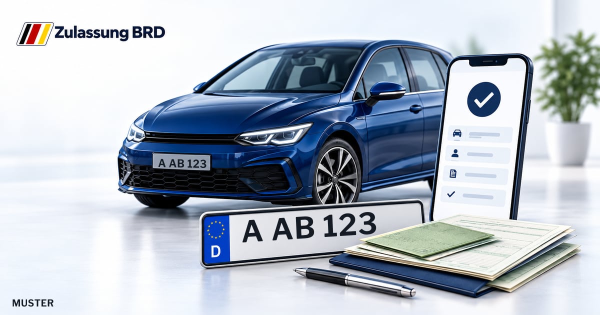 Online Fahrzeugzulassung in Schwabmünchen: Musterkennzeichen A AB 123, Auto und Fahrzeugpapiere und Smartphone. Illustration mit Logo von Zulassung BRD.